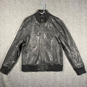 True Religion Jacket Mens Large Black Leather Bomber Ribbed Collar Hem Logo